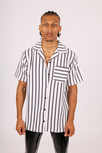 Revere Collar Shirt In Black & White Stripes