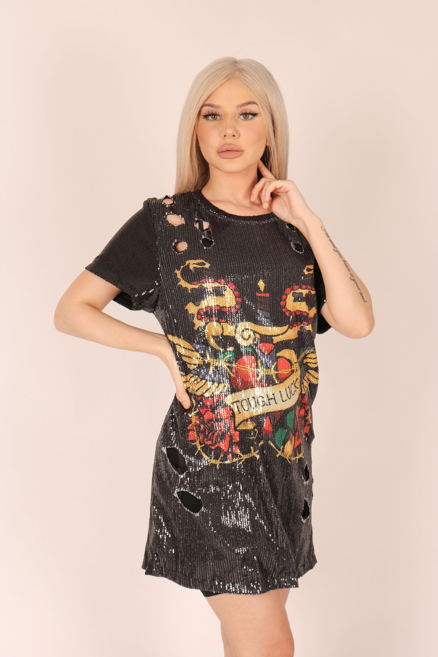 Oversized T-shirt Dress In Printed Sequin Text 'Tough Luck'