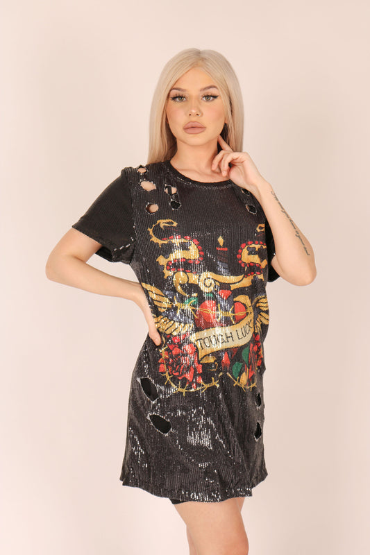 ONE ABOVE ANOTHER Oversized T-shirt Dress In Printed Sequin Text 'Tough Luck'