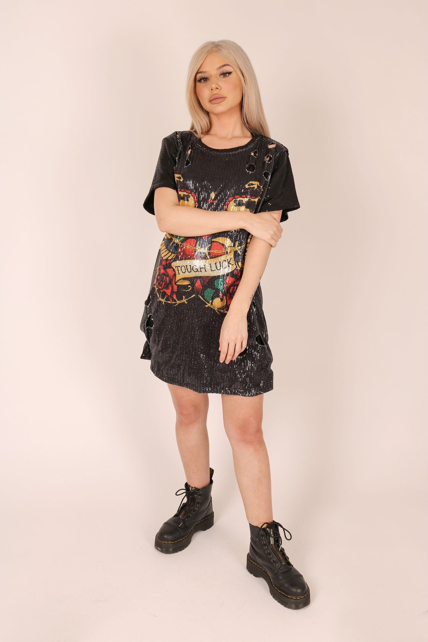 Oversized T-shirt Dress In Printed Sequin Text 'Tough Luck'