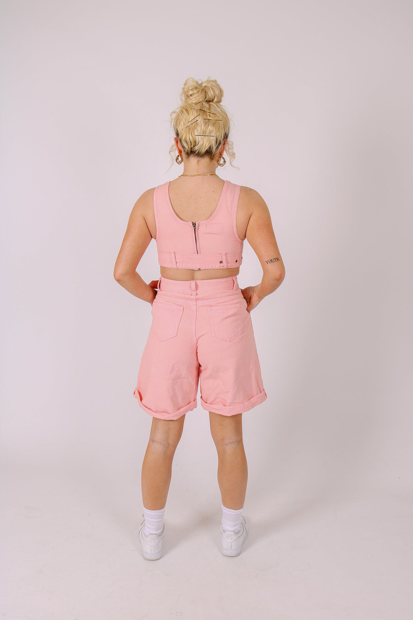 Pink Belted Denim Wide Shorts