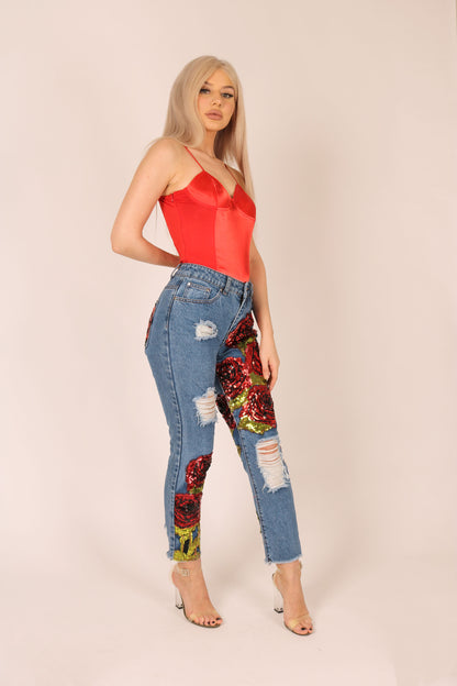 Bitchin Boyfriend Jeans With Rose Sequin Patches