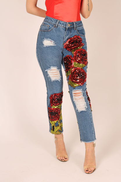 Bitchin Boyfriend Jeans With Rose Sequin Patches