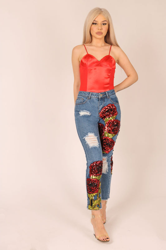 ONE ABOVE ANOTHER Bitchin Boyfriend Jeans With Rose Sequin Patches