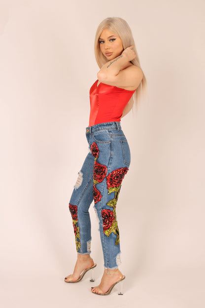 Bitchin Boyfriend Jeans With Rose Sequin Patches