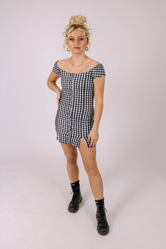 ONE ABOVE ANOTHER Gingham Printed Denim Mini Dress