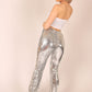 ONE ABOVE ANOTHER Silver Sequin High Rise Flare