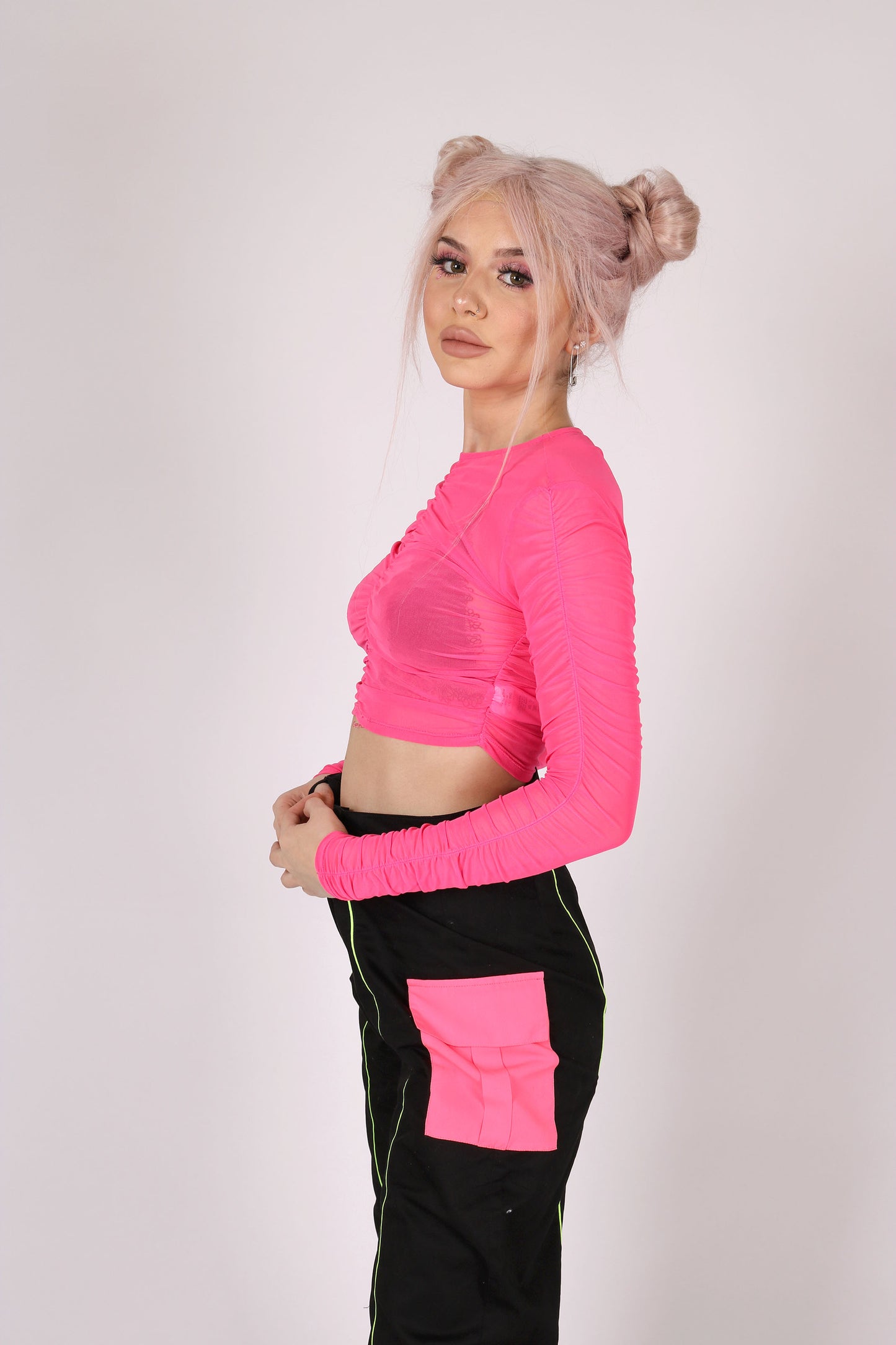 Pink Mesh Ruched Long Sleeve Crop Top