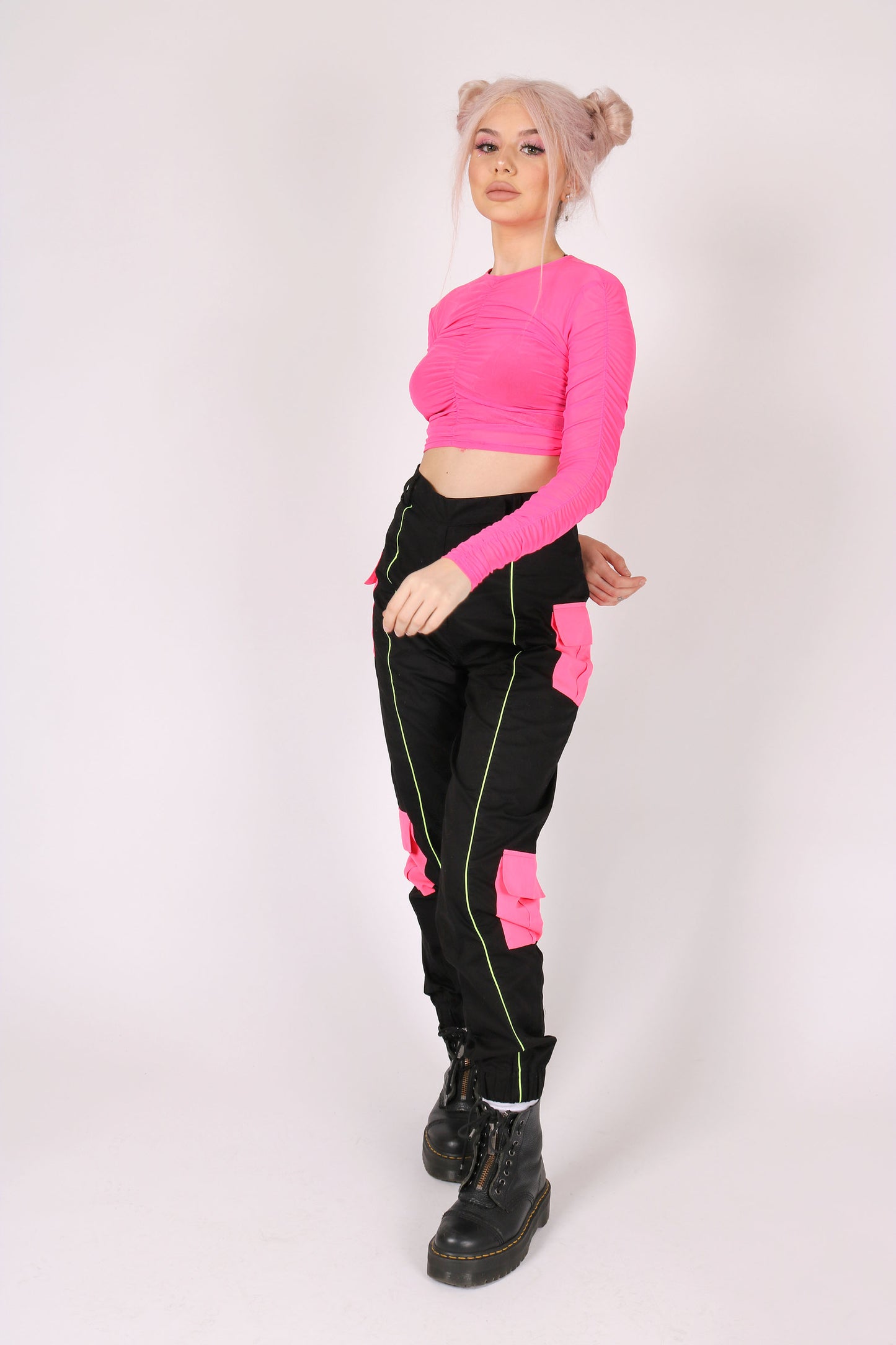 Pink Mesh Ruched Long Sleeve Crop Top