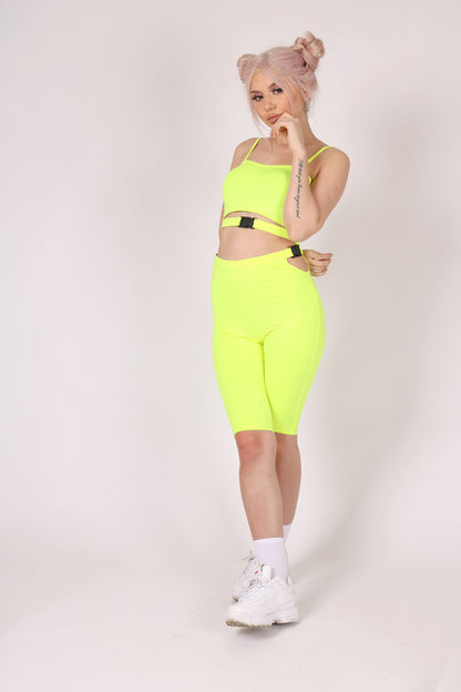Neon Yellow Slinky Biker Shorts With Buckle