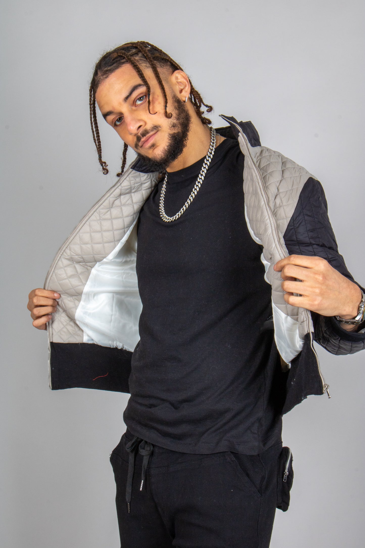 ONE ABOVE ANOTHER Two Tone Funnel Neck Waffle Puffer