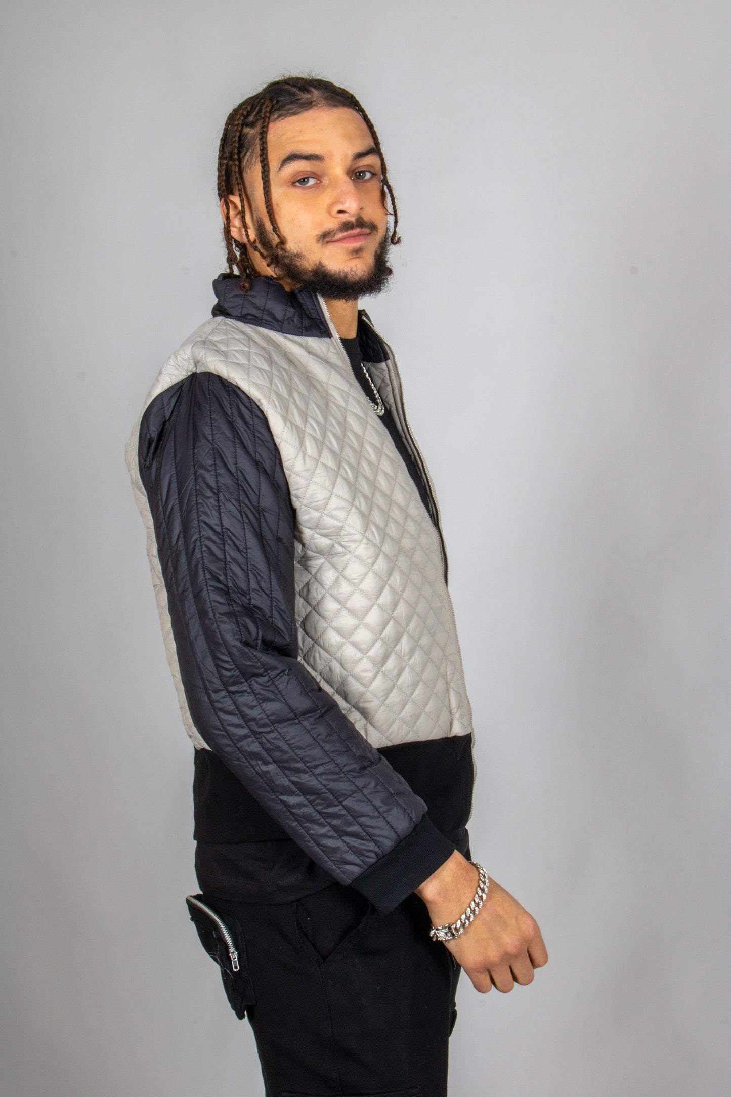 ONE ABOVE ANOTHER Two Tone Funnel Neck Waffle Puffer