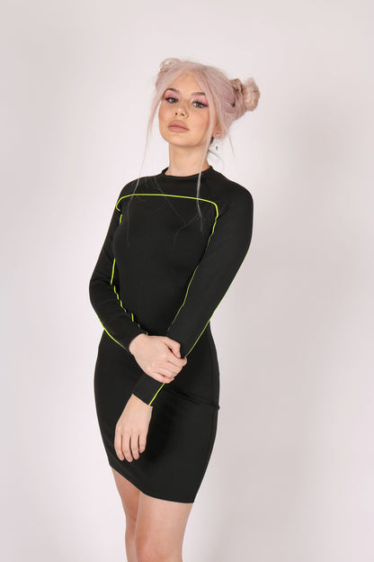 Black Mini Dress With Neon Piping