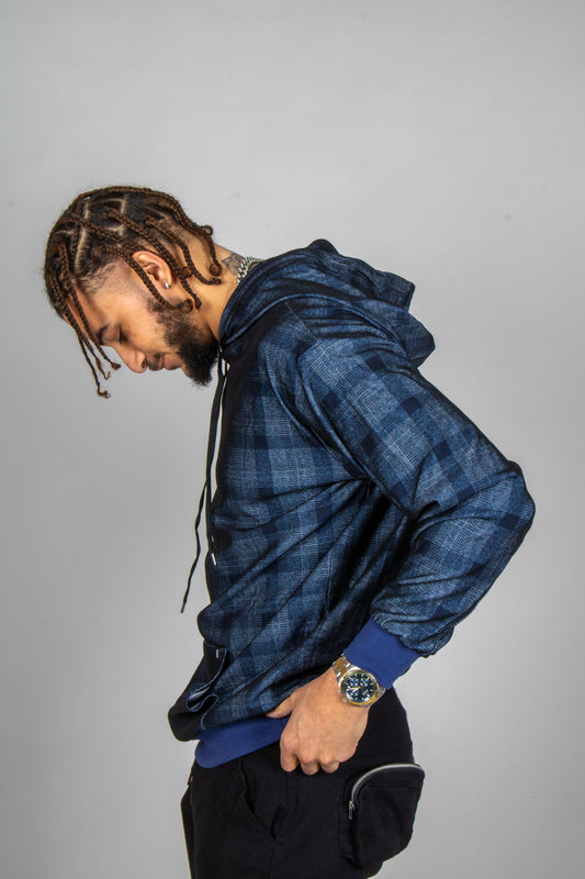 ONE ABOVE ANOTHER Blue Checkered Oversized Hoodie