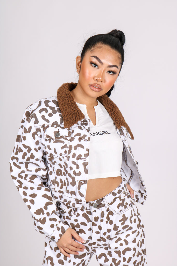 Cow Printed Trucker Borg Collar Cropped Jacket