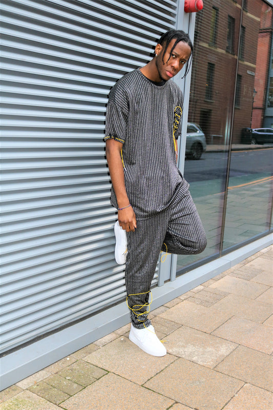 Metallic Pinstripe Joggers with Lime Detailing