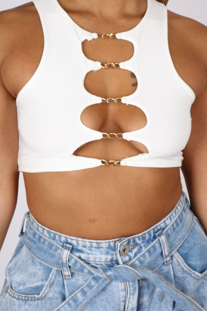 White Cut-Out Gold Link Crop Top