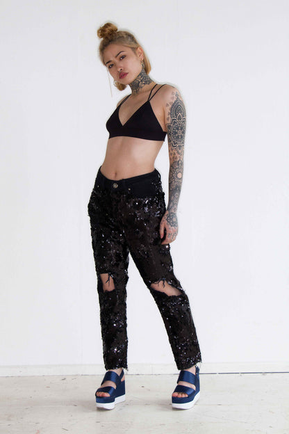 Bitchin Boyfriend Jeans With All Over Embellished Black Sequin